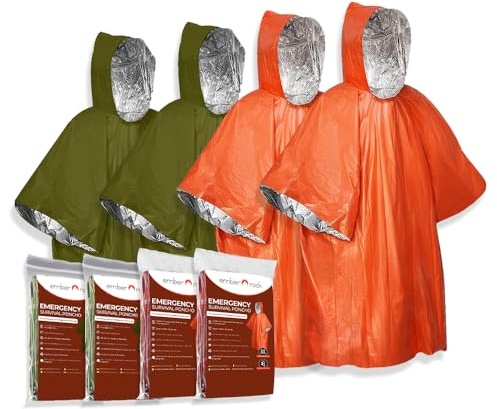 Ember Rock Emergency Survival Rain Poncho - 4 Pack Thermal Mylar Foil Blanket - Reversible Waterproof Heat Retention Rain Protection - Bushcraft Outdoor Gear
