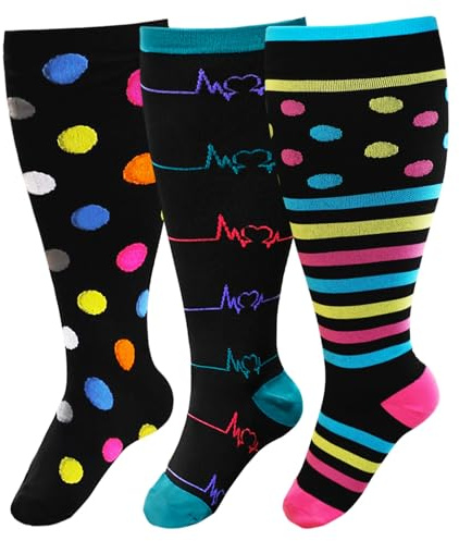 PUTUO Bas de Contention Grande Taille: Chaussettes de Contention Femme Hommes Grande Taille Gros Mollet pour Sportive Cyclisme Voyage en Avion Grossesse 3 paires Multicolore 3XL