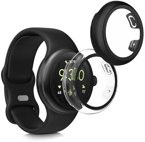 kwmobile fodral kompatibelt med Google Pixel Watch 2/Pixel Watch 1 fodral – 2 x härdat glas med plastram – genomskinlig/svart