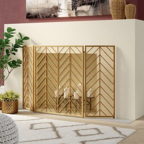 Funkenschutzgitter Goldener Retro-Kaminschutz, 130×80cm, 3-teiliger, Faltbarer Funkenschutz für Holzofen/Kohlefeuer, Ofenvorhang