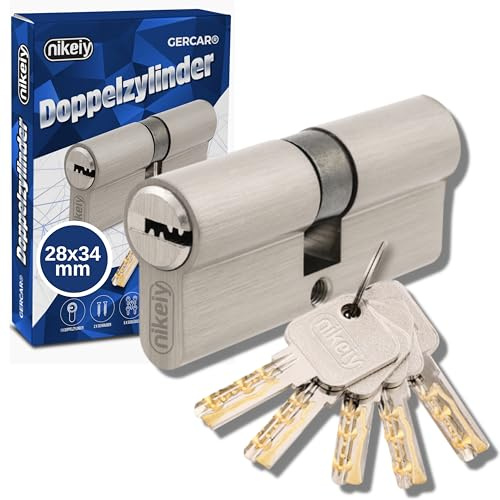GERCAR Pro - Cilindro de perfil, 28/34, macizo, cerradura de cilindro para puerta, doble cilindro, latón, niquelado, incluye 5 llaves reversibles, longitud: 65 mm, A:28 B:34-1x