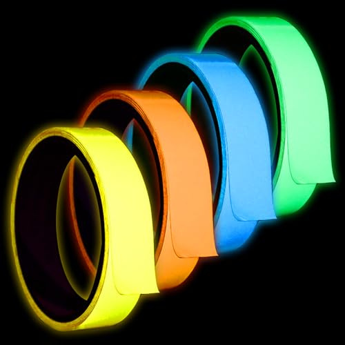 4 Stück Fluoreszierendes Klebeband, Leuchtendes Klebeband, Selbstklebende Leuchtklebeband, Leuchtband Selbstklebend, Fluoreszierende Aufklebe für Treppen, Wände und Notausgangsschilder (10MM x 5M)