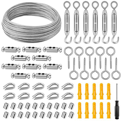 TicKiddos 35M 67Pcs Garden Wire, 2MM Stainless Steel Rope Kit with M4 Turnbuckles, M5 Screws, M3 Clamps - Fence Wire, Plant Support, Curtain Rope, Clothesline, Outdoor Lighting