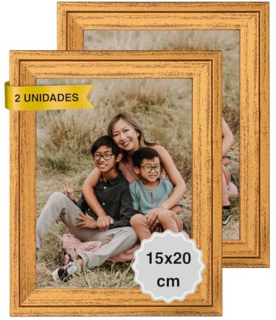 MARCOFOTO Set de 2 Marcos de Fotos Vintage - Marco Para Cuadros - Marco de Fotos - Marco Foto - Marcos Cuadros - Marcos Fotos Pared con Cristal - Marco Fotos - Marcos Madera MDF Dorado - 15X20