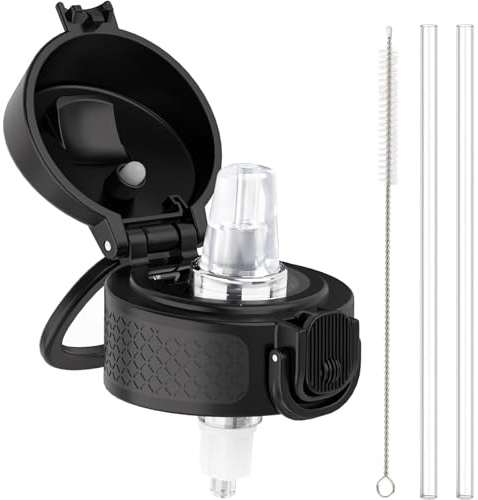 GOPPUS Straw Flip Lid with Handle (Includes Straw+Brush), Olny Suit for 350ml/12oz, 500ml/17oz, 600ml/20oz GOPPUS Water Bottle, One Hand Open Lid with Dust Cover (Black)