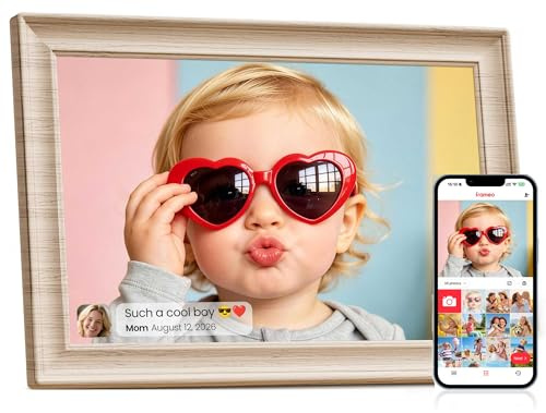 Frameo WiFi Digital Photo Frame 10.1 Inch White Wood - 1280x800 HD IPS Touch Screen Picture Frame Electronic, 32GB Memory, Auto Rotate, Digital PictureFrame for Sharing Photos and Videos