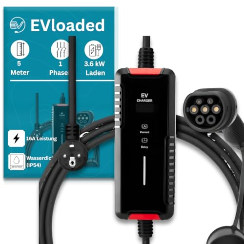EVloaded | Bärbar typ 2 laddkabel 220 V | 16 A 1-fas 3,6 kW, 5 m | med display och val av ström | 5 m laddare med skyddsfunktioner för elbilar | IP54 | EV-laddningskabel med tidsfunktion