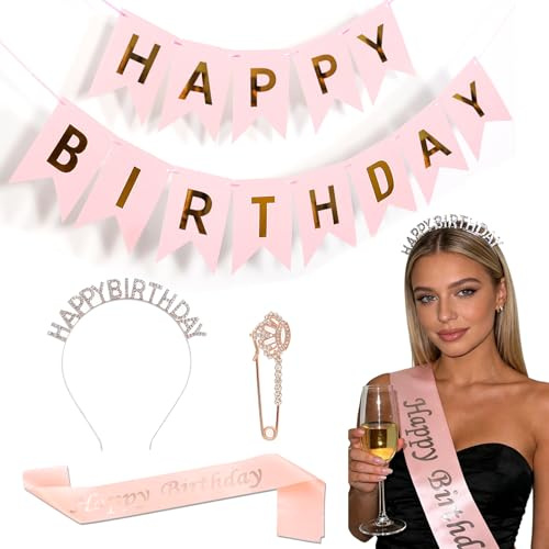 FOSDICK Geburtstagskrone Schärpe Geburtstag Set, Happy Birthday Krone & Schärpe, Happy Birthday Haarreif und Tiara, Brosche, Girlande Geburtstag für Mädchen Damen Geburtstag Deko Party Zubehör(Rosa)