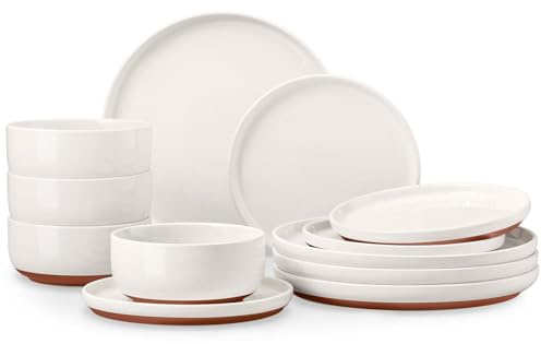 E-far 12-Piece Stoneware Dinnerware Sets, Plates and Bowls Sets for 4, Ceramic Dishware Dishes Set with Terracotta Base, Chip & Scratch Resistant, Microwave & Dishwasher Safe, Speckled White