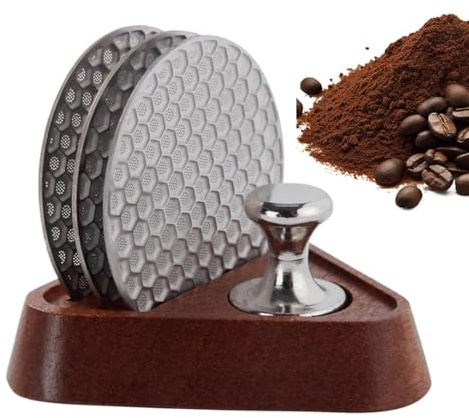 Återanvändbara kaffefilter – 53,3 mm puckfilter i rostfritt stål | 3-delat set med magnetisk extraktor | espressomaskin tillbehör trästativ. 110 g, perfekt för bryggning av hemcaféer.