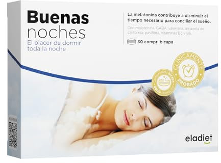 BUENAS NOCHES Sueño - Doble Acción - Dormir Bien Rápidamente y Sueño Prolongado - Con Melatonina, Valeriana Forte, Pasiflora, Amapola de California, Vitamina B3 y B6 | 30 Comp BiCapa ELADIET
