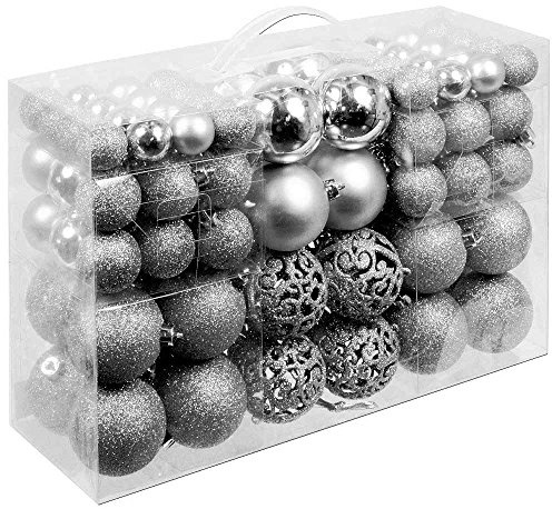 Bakaji Confezione 100 Palline Di Natale Diametro 3/4/6 cm Addobbi e Decorazioni Per Albero Di Natale (Argento)