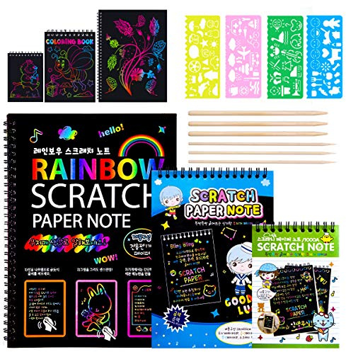 MELLIEX Dessin Gratter pour Enfants, 3 Packs Scratch Art Livres Et Coloriage en Papier Noir avec 4 Règles de Gabarit pour Gabarit de Dessin et 6 Stylets en Bois