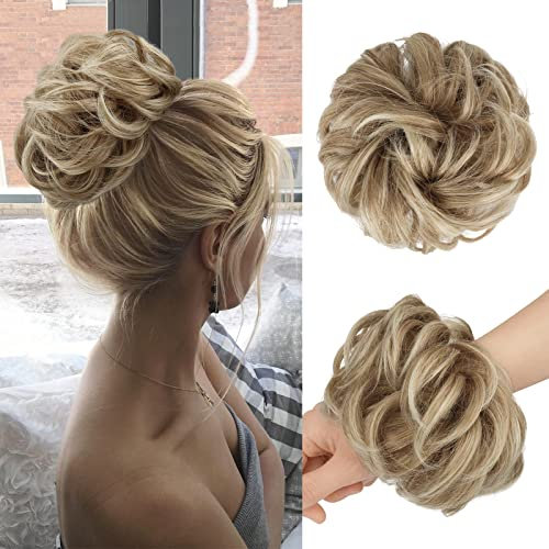 FESHFEN Messy Bun Hair Piece Hairs Scrunchies Thick Curly Wavy Pony Tail Synthetic Accessories Donut Updo Hairpieces for Women Girls 55g, Mixed Blonde and Ash Blonde Tips