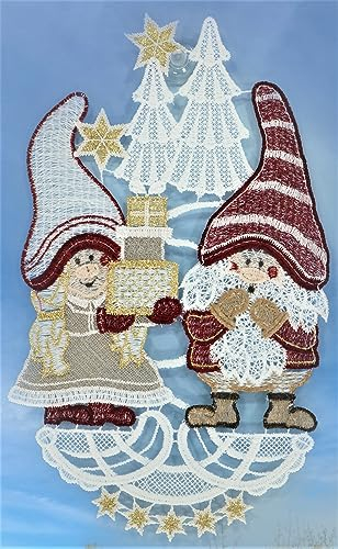 Plauener Spitze Fensterbild Weihnachten Wichtel 25 cm Fensterdekoration Weihnachtsdekoration Spitzenbild Fensterschmuck incl. Saugnapf