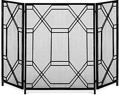 Kaminschutzgitter, faltbar, Schmiedeeisen, 3 Paneele, babysicher, großes, hohes Funkenschutzgitter aus Metall für Holzfeuer im Ofen, 139,9 x 84,9 cm (Farbe: Schwarz) (Schwarz) Journey