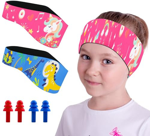 Schwimmen Stirnband Kinder, 2 Stück Neopren Schwimmband, Schwimm Stirnbänder mit Ohrenstöpsel Wasserdichte Ohrenschutz Band, Niedlich Elastizität Kopfband für Kinder Tauchen