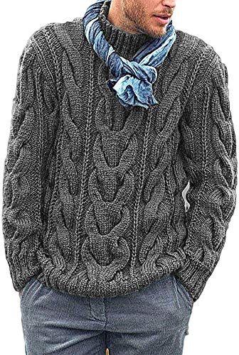 Runcati Knitted Mens Jumper Cable Knit Sweater Long Sleeve Ribbed High Neck Winter Pullover Thick Knitwear, Grey, L