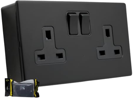 SH|P® COMPACT Screwless Ultra-Matt Black Metal 2 Gang 13A 4mm Plate Switched Socket and 25mm Plastic Surface Mount Pattress Box (2 Gang Socket)