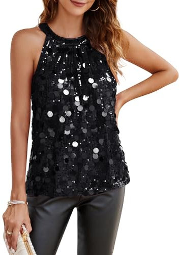 Damen Party Pailletten Oberteil Bluse Loose Fit Tops Elegant Ärmellose Neckholder Oberteile Schwarz S CL3060S24-01
