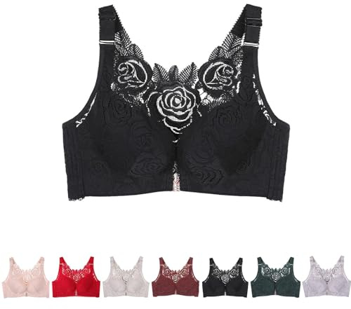 BDROX Floral Secrets Comfort Rose Bra,Seamless Front Closure Lace Butterfly Daily Bras,Women's Front Closure Bra (Black,40/90C)