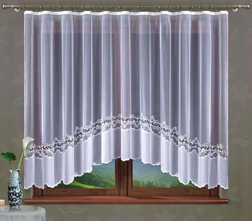 Gardinen Vorhangen Weiß 400x120 cm (BxH) Allegrina Stores Gardinen mit Kräuselband Kurz Jacquard Scheibengardine Wohnzimmer Vorhänge Fertiggardine Küchengardinen Bogen Kurzstores