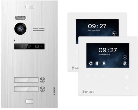 Balter EVO Silber/Weiß Video Türsprechanlage Set für 2 Familienhaus (1x Türstation mit Kamera, 2X 4.3 Mini Monitor, 2-Draht Bus, 150° Weitwinkel, Türöffner)