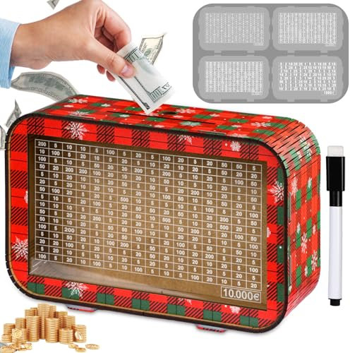 Giftota 2025 4-in-1 Spardose aus Holz Sparbox mit Zahlen Ankreuzen (FERTIG MONTIERT, 1000€/3000€/5000€/10000€) - Wiederverwendbares Sparbüchse - Sparschwein mit Marker