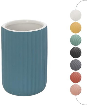 Portaspazzolini bagno da appoggio blu pastello cannettato in ceramica soft touch, bicchiere multiuso o porta penne, SPRING