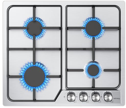 IsEasy Piano cottura a gas in acciaio inox 4 fuochi, piano a gas da incasso IsEasy 4 fuochi, 60 cm 7200 W