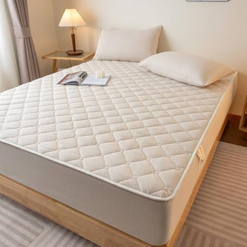 Lirzxin Spannbettlaken 200x220 cm, Boxspringbett Baumwolle Einfarbig mit Gitter Streifen Struktur Spannbetttücher Doppelbett Weiches und Atmungsaktives, Beige