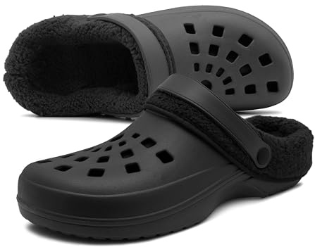 IMTY Mens Clogs Warm Fur Lined Thermal Garden Clogs Slip On Lightweight EVA Slippers Indoor House Shoes Shower Sandals (All Black, UK Footwear Size System, Adult, Men, Numeric, Medium, 9)