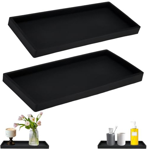 Jiayaus 2Pcs Large Bathroom Tray, 33x12.5cm Black Silicone Decorative Trays, Vanity Trays, Rectangular Jewellery Tray for Washbasin, Bathtub, Kitchen, Cosmetics, Jewellery, Perfumes and Candles