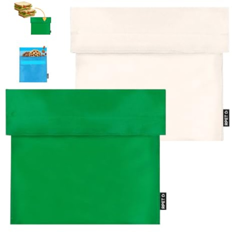 ANDINUS Set de 2 Bolsas Reutilizables para Sándwich – 18x18 cm, Lavables, Ecológicas y Sin BPA – Porta Snacks, Bocadillos y Alimentos – Colores Verde y Blanco