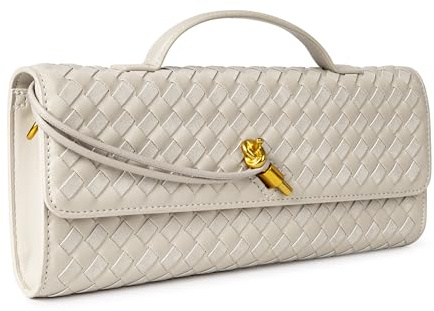 Tone Link. Woven Leather Evening Clutch for Women, Suede Crossbody Bag with Adjustable Strap, Formal Handbag, Seashell Beige