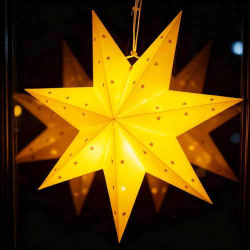 SACBRZZ Estrella Navidad, Plegable 45 cm Estrellas Navidad De Papel,para Colgar,con LED Luz Amarilla Cálida,Blanco Estrella para Decoración De Navideña Ventana,Bodas & Fiestas De Cumpleaños