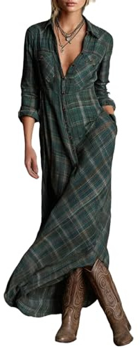 cffvdiz Robe-Chemise Boutonnée pour Femmes Manches Longues Col À Revers Imprimé À Carreaux Robe Maxi Style Campagne,Vert,S