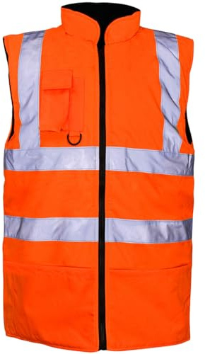 Hi Vis Viz Bodywarmer Fleece Lined Reversible Safety Gilet Waistcoat Waterproof High Visibility Reflective Workwear Vest for Men Security Outdoor Work Jacket