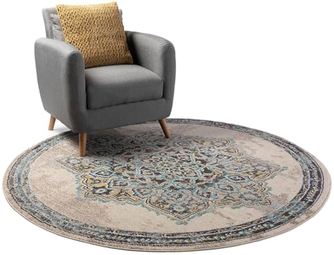 benuta Nest Vintage Teppich Casa - Beige/Türkis 180 cm Rund - Teppich für Wohnzimmer, Schlafzimmer und Flur - Pflegeleicht - Fußbodenheizung Geeignet