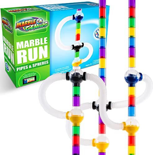 Marble Genius Marble Run Pipes & Spheres Accessory Add-on Set - 10 Pieces Total (4 Pipes, 1 Ramp Sphere, 1 Alternating Sphere, 1 Straight Sphere, & 3 Tube Spheres), With Instruction App Access