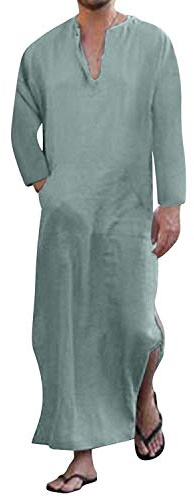 Webuyii Muslimsk kaftan för män i linne, ledig etnisk muslimsk thobe, långärmade saudiska, arabiska morgonrockar från Mellanöstern, klänningar med fickor, gRÖN, XL