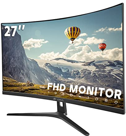 CRUA 27-Tums Böjd Skärm, Full HD (1920 x 1080P) VA-Panel 1800R 75HZ 99 % sRGB Professionell Datorskärm, 3 Sidor Ramlös, Flimmerfri, Blått Ljusfilter, för Kontor och Spel (VGA, HDMI) VESA Monterbar –