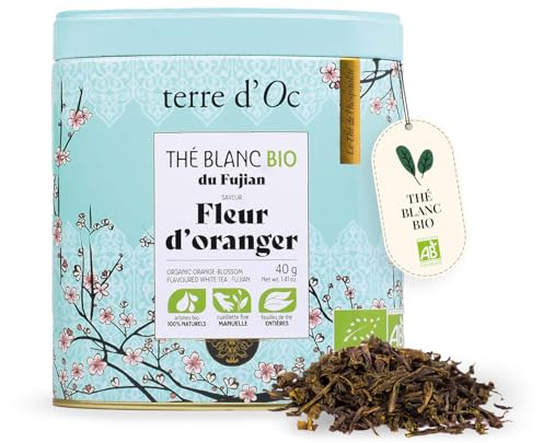 terre d'Oc - Thé Blanc Bio du Fujian - Saveur Fleur d'Oranger - Boite en Métal - Feuille en vrac - Idée cadeau Homme et Femme - 40g