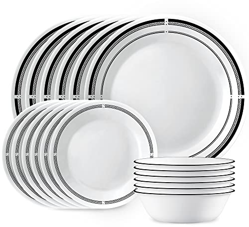 Corelle 18-Piece Round Dinnerware Set, Service for 6, Lightweight Round Plates and Bowls Set, Vitrelle Triple Layer Glass, Chip and Scratch Resistant, Microwave and Dishwasher Safe, Brasserie