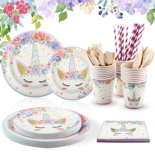 Stoviglie per Feste Unicorno, Vexillic Set Stoviglie Unicorno Rosa Decorazioni Compleanni Unicorno Riutilizzabile con Piatti Carta Bicchieri Carta Tazza Tovaglioli Cannuccia 200 Pezzi per 25 Ospiti