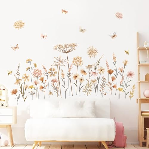 decalmile Stickers Muraux Fleur Boho Autocollant Mural Fleur Sauvage Pissenlit Papillon Décoration Murale Chambre Salon Bureau