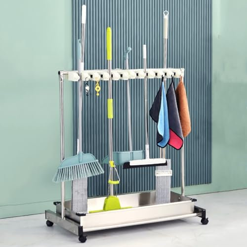 LOHXA Supporto per Scopa, Organizer per Prodotti per la Pulizia, Carrelli Mobili su Ruote, Strumenti Di Stoccaggio per Stazidi Pulizia per Garage, Giardino, Armadio, Armadietto/68 * 51 * 109Cm