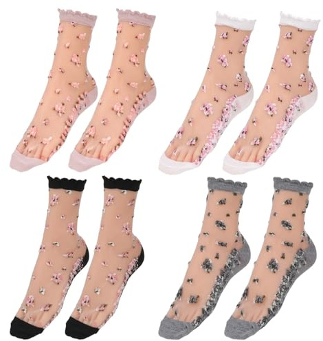 KALIONE 4 paia di calzini da donna trasparenti in rete con fiori floreali trasparenti calzini alla caviglia in pizzo calzini estivi fantasia calzini a rete per ragazze donne, Trasparente, 8