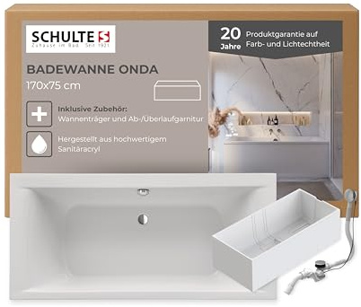Schulte Badewanne Onda 170x75 cm, Komplett inkl. Wannenträger und Ablauf, aus hochwertigem Acryl in Weiß glänzend