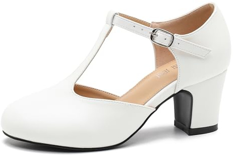 MAIERNISI JESSI Women's T-Strap Mary Jane Pumps, 2.56 Inch Block Heel, Round Toe, Buckle Closure White Matte 42 - US 10